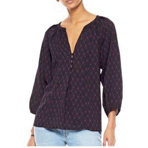 Joie Gloria v neck gathered sleeves button detail black & red blouse size small